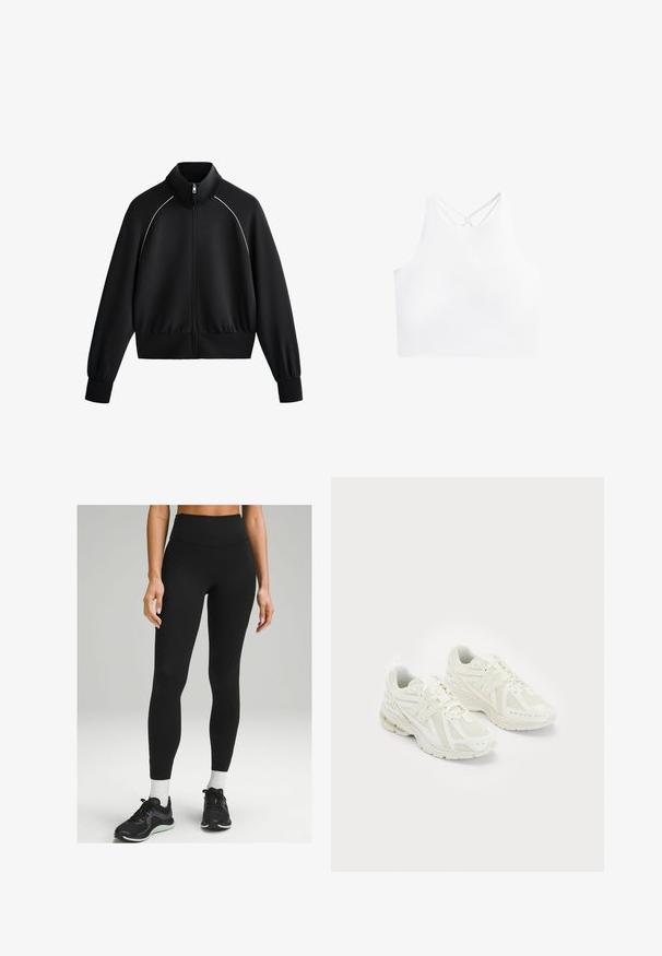 Sort atletisk zip-jakke med høj krave, ribbede manchetter og talje. Har hvid piping langs skuldrene og et glat, tekstureret stof.; Hvid atletisk crop top med høj halsudskæring og dobbelt krydset stropper på ryggen, der har en glat, strækbar stoftekstur.; Sorte højtaljede leggings lavet af strækbart materiale, med et elegant design, glat tekstur og subtil sidelæring. Sammen med sorte sportssko.; Hvide sportssko i mesh og syntetiske materialer, snørebåndsdesign, polstret krave og tekstureret sål for bedre greb. Letvægts konstruktion.