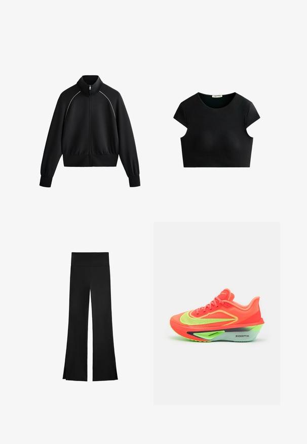 Schwarze sportliche Zip-up-Jacke mit hohem Kragen, gerippten Bündchen und Taillenbund. Mit weißen Paspeln entlang der Schultern und einem glatten, strukturierten Stoff.; Schwarzes Crop-Top mit kurzen Ärmeln, runder Ausschnitt, glatter Textur und minimalistischem Design. Hergestellt aus dehnbarem Material.; Schwarze Hose mit weitem Bein, ausgestattet mit einem hohen Bund und seitlichen Schlitzen für zusätzliche Bewegungsfreiheit. Hergestellt aus einem glatten, elastischen Stoff.; Neon-orange Laufschuh mit einem atmungsaktiven Mesh-Obermaterial, hervorgehobenen grünen Akzenten und einer auffälligen, dicken Schaumzwischensohle für Dämpfung.