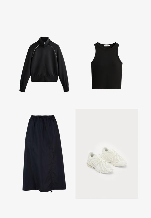 Črna športna jakna na zadrgo z visokim ovratnikom, rebrastimi manšetami in pasom. Ima belo obrobo ob ramenih in gladko, teksturirano tkanino.; Črni rebrasti top, ki ima okroglo izrez in široke armholes. Material se zdi mehak in ima telesu prilegajoč dizajn.; Črna krilo do kolen iz lahkega materiala z elastičnim pasom, stranskimi žepi in dodatki za prilagodljivost s pomočjo vrvice.; Beli športni copati iz mrežastih in sintetičnih materialov, z vezalkami, oblazinjenim ovratnikom in strukturiranim podplatom za oprijem. Lahka konstrukcija.
