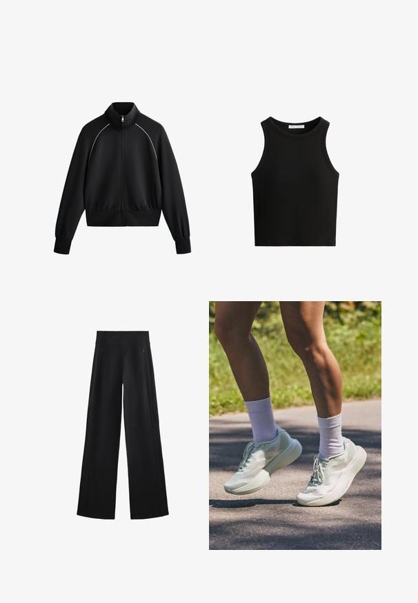 Jachetă sport neagră cu fermoar și guler înalt, cu manșete și talie ribbed. Prezintă detalii albe pe umeri și un material neted, texturat.; Top de tip tank, negru, cu guler rotund și brațe ample. Materialul pare moale, având un design ajustat.; Pantaloni negri cu picioare largi, dintr-o țesătură moale, având un talie înaltă și două buzunare cu fermoar, cu cusături subtile pe lateral.; Pantofi sport de un verde mentă deschis, cu o textură netedă, vârf rotunjit și talpă groasă. Asortiți cu ciorapi albi până la glezna, surprinși în mișcare pe un drum.