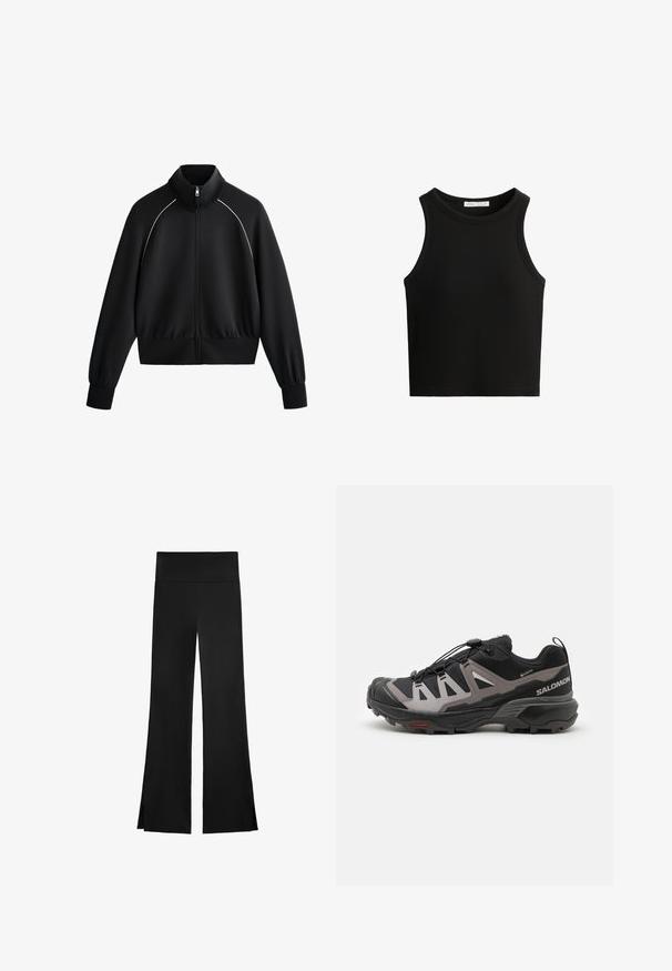 Čierna atletická zipsová bunda s vysokým golierom, rebrovanými manžetami a pásom. Obsahuje biele lemovanie pozdĺž ramien a hladký, textúrovaný materiál.; Čierny rebrovaný tielko s kruhovým výstrihom a širokými ramenami. Materiál vyzerá byť mäkký s priliehavým strihom.; Čierne nohavice so širokým strihom, s vysokým pásom a bočnými rozparkami pre ľahký pohyb. Vyrobené z hladkého, elastického materiálu.; Čierne a šedé bežecké topánky na trail s mesh vrchom, rýchlošnúrovacím systémom a agresívnym treadom. Výrazné akcenty zahŕňajú logo Salomon a podrážku Contagrip.
