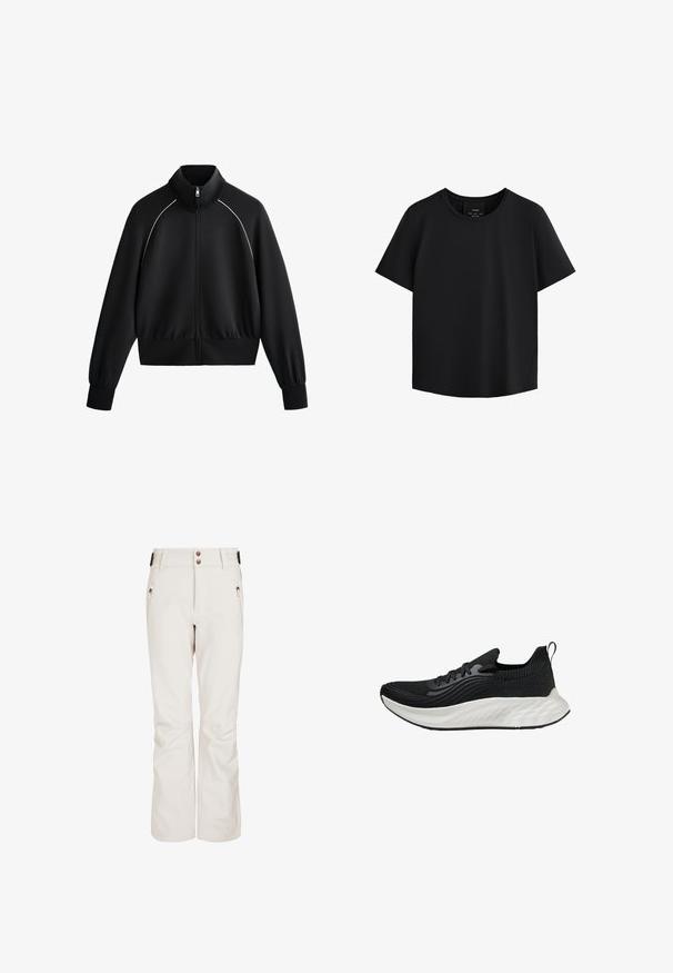 Svart atletisk zip-jacka med hög krage, ribbade ärmslut och midja. Har vit kant längs axlarna och ett slätt, strukturerat tyg.; Svart kortärmad topp med rund halsringning, tillverkad av mjukt tyg, med rak skärning och subtila sidsömmar för formning.; Krämfärgade skidbyxor med en slät yta, som har två fickor med dragkedja, två framknappar och en figurnära design för värme och rörlighet.; Svart atletisk sko med en texturerad ovandel, en vit vadderad sula och subtil märkeslogotype. Har en dragflik och snörning.
