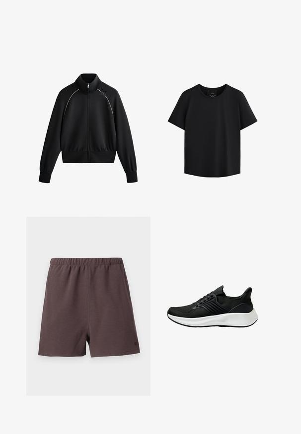 Jachetă sport neagră cu fermoar și guler înalt, cu manșete și talie ribbed. Prezintă detalii albe pe umeri și un material neted, texturat.; Top scurt negru cu mâneci scurte și guler rotund, realizat dintr-un material neted, având o croială dreaptă și cusături laterale subtile pentru conturare.; Pantaloni scurți de culoare maro închis, dintr-un material texturat, țesut. Prezentată cu un brâu elastic și un mic accent de logo în colțul din dreapta jos.; Pantof cu aspect sportiv de culoare neagră, cu ușă din material texturat, sistem de șirete și o talpă intermediară albă. Include un profil jos și un design al tălpii curbat.