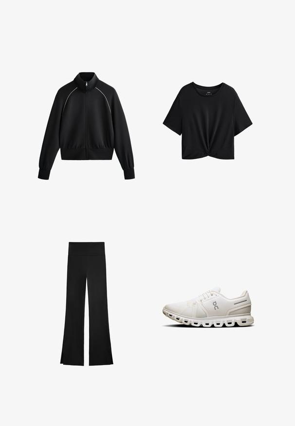 Black athletic zip-up jacket with high collar, ribbed cuffs, and waistband. Features white piping along shoulders and a smooth, textured fabric.; Black cropped t-shirt made of soft fabric, featuring a round neckline, short sleeves, and a knotted front detail at the hem.; Black pants with a wide-leg design, featuring a high waistband and side slits for ease of movement. Made from a smooth, stretchy fabric.; White athletic shoe with a mesh upper, flat laces, and a distinctive sole featuring segmented cushioning and subtle grey accents.