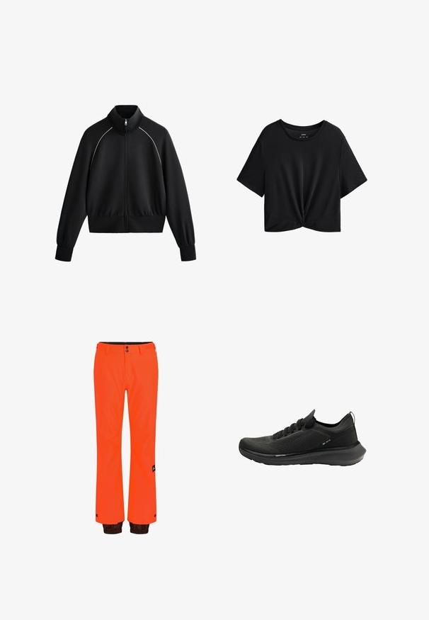 Giacca da uomo nera sportiva con zip e colletto alto, polsini e orlo a coste. Presenta una bordatura bianca sulle spalle e un tessuto liscio e strutturato.; T-shirt cropped nera realizzata in tessuto morbido, con scollo rotondo, maniche corte e dettaglio annodato sul fondo.; Pantaloni impermeabili arancioni con vestibilità comoda, dotati di una vita nera, chiusura a scatto e dettagli marroni all'orlo, progettati per attività all'aperto.; Scarpa atletica nera con tomaia in mesh testurizzato, suola curva e design minimalista con chiusura con lacci e marchio discreto.