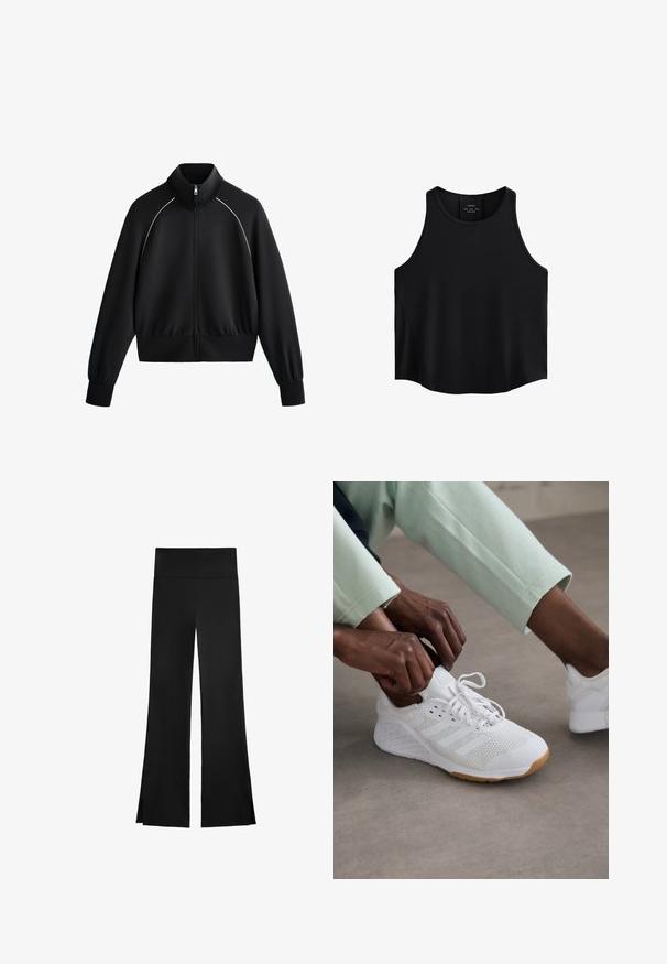 Crna atletska jakna na zip s visokim ovratnikom, rebrastim manžetama i pojasom. Ima bijele detalje duž ramena i glatku, teksturiranu tkaninu.; Crna bezrukavna majica od glatkog materijala, s okruglim dekolteom, ravnim krojem i bočnim panelima s suptilnom teksturom.; Crne hlače širokog kroja, s visokim strukom i bočnim prorezima za lakše kretanje. Izrađene su od glatkog, rastezljivog materijala.; Bijela atletska cipela s mrežastim gornjim dijelom, gumenim potplatom i dizajnom s tri pruge. Lace se podešavaju; vidljiva su svijetlosiva i mint zelena odjeća.
