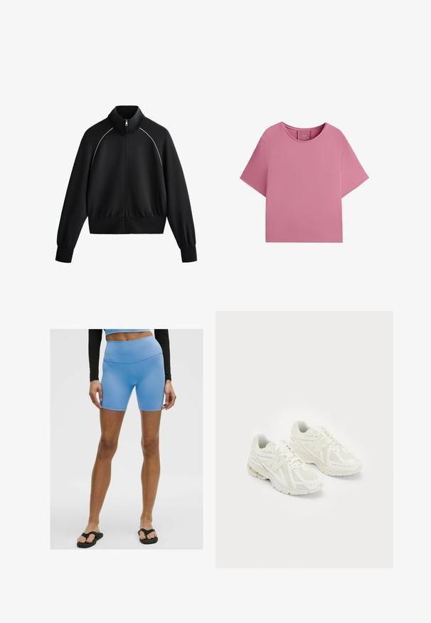 Schwarze sportliche Zip-up-Jacke mit hohem Kragen, gerippten Bündchen und Taillenbund. Mit weißen Paspeln entlang der Schultern und einem glatten, strukturierten Stoff.; Rosa kurzärmliges Crop-Top mit Rundhalsausschnitt und glatter Textur. Verfügt über ein einfaches, minimalistisches Design ohne Muster oder Verzierungen.; Hellblaue Sportshorts aus glattem, elastischem Material. Mit hoher Taille und figurbetontem Schnitt, kombiniert mit schwarzen Flip-Flops.; Weiße Sportschuhe aus Mesh- und synthetischen Materialien, Schnürdesign, gepolsterter Kragen und strukturiertes Profil für besseren Grip. Leichte Bauweise.