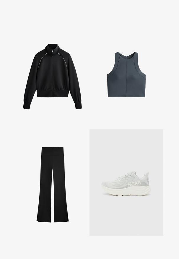 Fekete sportos zipzáros dzseki magas gallérral, bordázott mandzsettákkal és derékrésszel. Fehér díszítéssel ellátott vállrészekkel és sima, texturált anyaggal rendelkezik.; Szürke rövid felső, bordázott textúrával, ujjatlan kivitelben és lekerekített nyakkivágással, varrási díszítésekkel a formázott illeszkedés érdekében.; Fekete nadrág, széles szárakkal, magas derékkal és oldalsó hasítékokkal a könnyű mozgás érdekében. Simító, rugalmas anyagból készült.; Könnyű futócipő fehér és világosszürke hálós anyagból, vastag, párnázott talppal és oldalán logóval. Minimalista dizájn, texturált szövettel.