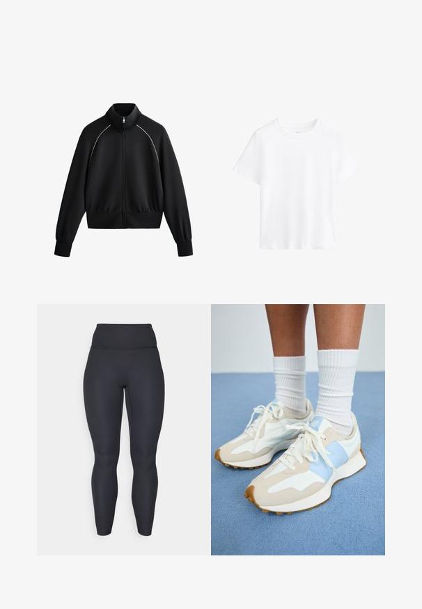Svart atletisk zip-jacka med hög krage, ribbade ärmslut och midja. Har vit kant längs axlarna och ett slätt, strukturerat tyg.; Vit bomulls t-shirt, korta ärmar, rund halsringning, avslappnad passform, slät textur, utan mönster eller detaljer, enkel design, mångsidig stil.; Högmidjade svarta ribbade leggings med en figurnära design, slät yta och hel längd. Har en bred midjeresår för stöd.; Lätta sneakers med en design i beige och ljusblått. Innehåller material av mocka och mesh, vita snören och en texturerad gummisula.