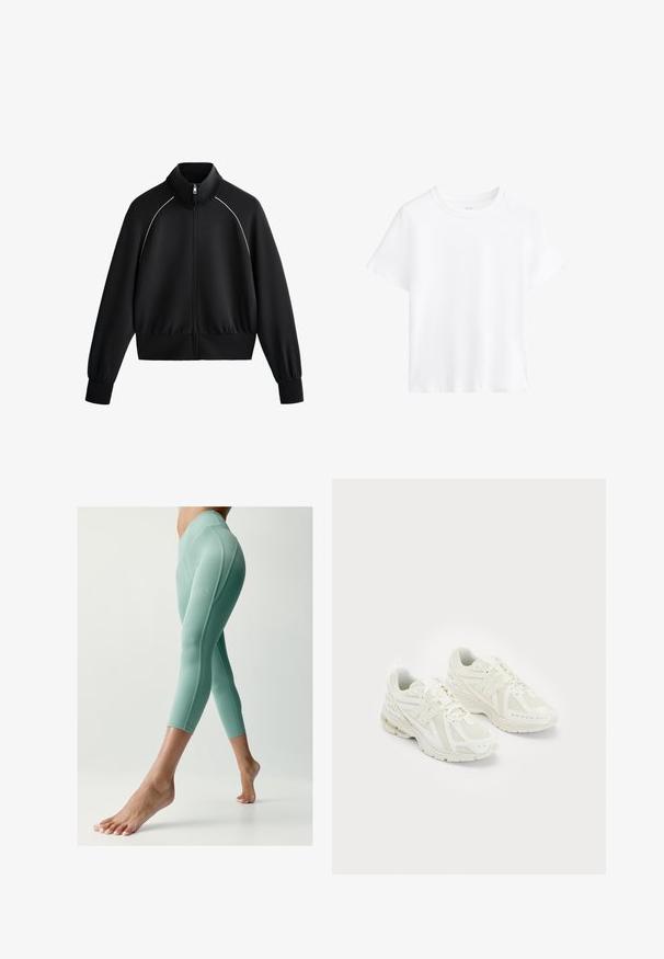 Giacca da uomo nera sportiva con zip e colletto alto, polsini e orlo a coste. Presenta una bordatura bianca sulle spalle e un tessuto liscio e strutturato.; T-shirt bianco in cotone, maniche corte, scollatura rotonda, vestibilità comoda, texture liscia, senza fantasie o dettagli, design semplice, stile versatile.; Leggings verde menta realizzati in un tessuto liscio e elastico, caratterizzati da un design aderente con cuciture lungo i lati e una vita a media altezza.; Scarpe sportive bianche realizzate in materiali sintetici e in rete, con lacci, colletto imbottito e suola testurizzata per migliorare la grip. Costruzione leggera.