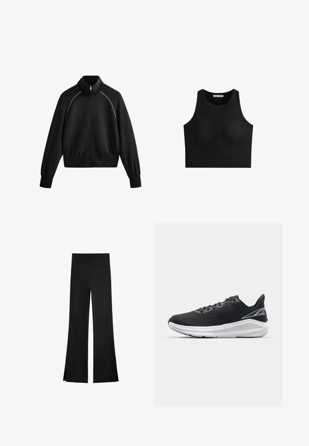 Czarna sportowa kurtka zapinana na zamek z wysokim kołnierzem, ściągaczami w rękawach i w pasie. Posiada białe lamówki na ramionach oraz gładki, teksturowany materiał.; Czarny top crop z wysokim dekoltem, bez rękawów, wykonany z gładkiego, elastycznego materiału. Brak widocznych szwów lub wzorów. Prosty i minimalistyczny styl.; Czarne spodnie o szerokim kroju, z wysokim stanem i bocznymi rozcięciami dla łatwości ruchu. Wykonane z gładkiego, elastycznego materiału.; Czarne buty sportowe z teksturowaną cholewką, szarym sznurówkami, białą podeszwą środkową i lekko podwyższonym obcasem, z logo po boku.