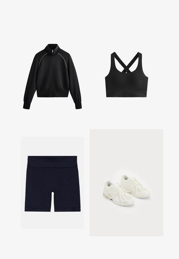 Musta urheilullinen vetoketjullinen takki, jossa on korkea kaulus, resorit hihansuissa ja vyötäröllä. Takissa on valkoista kantta hartioiden kohdalla ja sileä, teksturoitu kangas.; Musta urheilu rintaliivit ristikkäisillä hihnoilla, sileällä pinnalla ja leveällä vyötäröbandilla, jonka alaosassa on viistokuvio.; Tummansininen puuvillasekoitekangas, jossa on leveä joustava vyötärö, ja se on muotoiltu sopimaan tiiviisti sekä tasaisilla saumoilla mukavuutta varten.; Valkoiset urheilukengät, joissa on verkkomateriaali ja synteettisiä materiaaleja, nauhakuulakesuunnittelu, pehmustettu kaulus ja teksturoitu pohja pidon takaamiseksi. Kevyt rakenne.