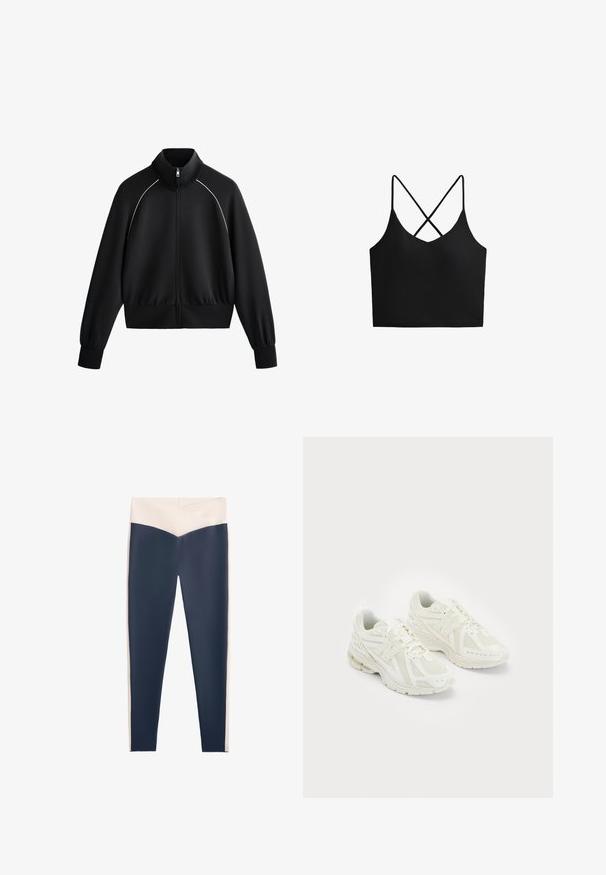 Fekete sportos zipzáros dzseki magas gallérral, bordázott mandzsettákkal és derékrésszel. Fehér díszítéssel ellátott vállrészekkel és sima, texturált anyaggal rendelkezik.; Fekete, V-nyakú cropped felső, keresztezett hátrészpántokkal. Simább anyagból készült, amely testhezálló kialakítással rendelkezik, látható minták vagy fém részletek nélkül.; Magasan derekú leggings, tengerészkék színű alappal és fehér oldalsó panelek részvételével. Rugalmas anyagból készült, sima tapintású, amely alkalmas aktív viseletre.; Fehér sportcipők hálós és szintetikus anyagokból, fűzős dizájn, párnázott bokarésszel és érdes talppal a tapadás érdekében. Könnyű felépítés.