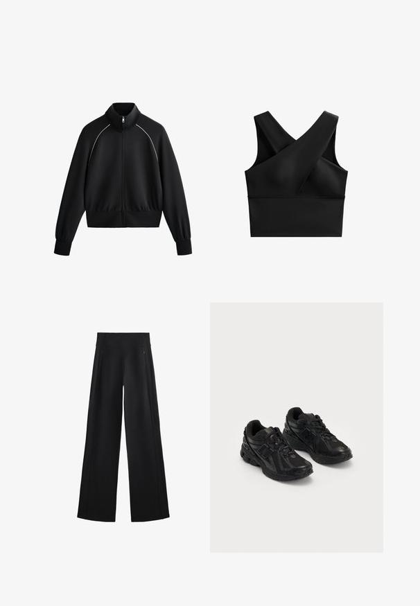 Černá sportovní bunda na zip s vysokým límcem, žebrovanými manžetami a pasem. Obsahuje bílý lem podél ramen a hladkou, texturovanou tkaninu.; Černý sportovní podprsenka s křížovým designem v přední části, širokými ramínky, hladkým povrchem a střhem, který dokonale přiléhá.; Široké černé kalhoty z měkké tkaniny, s vysokým pasem a dvěma kapsami na zip, s jemnými švy po stranách.; Černé sportovní boty vyrobené z síťoviny a syntetických materiálů. Mají polstrovanou podešvei s texturovanými vzory a reliéfním logem na boku.