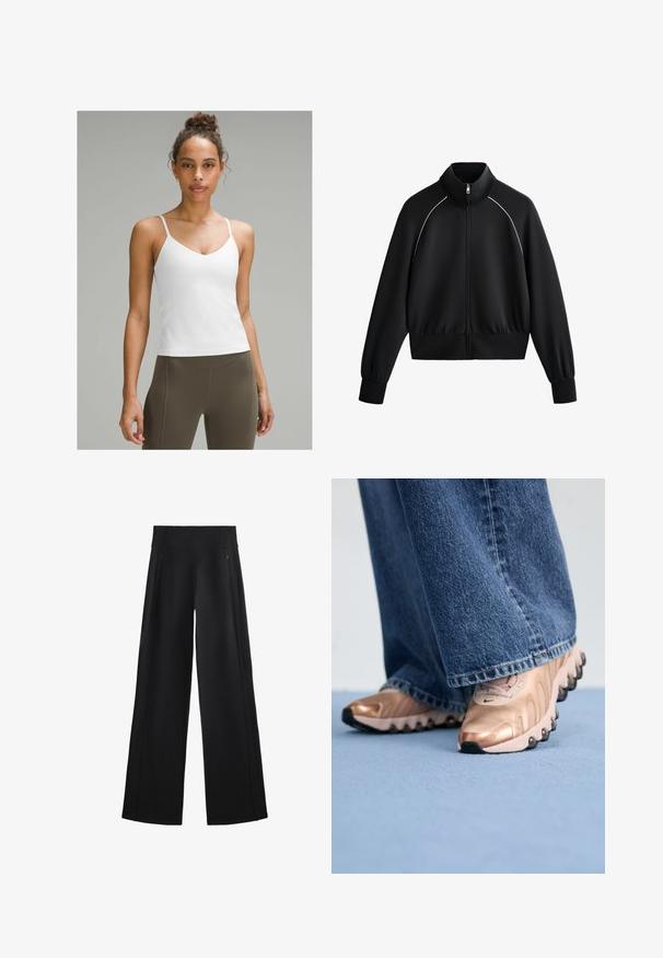 Giacca da uomo nera sportiva con zip e colletto alto, polsini e orlo a coste. Presenta una bordatura bianca sulle spalle e un tessuto liscio e strutturato.; Camicetta bianca con spalline sottili, design a V, texture liscia, silhouette aderente, abbinata a leggings verdi oliva a vita alta.; Pantaloni neri a gamba larga realizzati in un tessuto morbido, dotati di una vita alta e due tasche con zip, con cuciture sottili lungo i lati.; Sneakers con tomaia in rosa oro metallico e design testurizzato, dotati di suole in gomma nera. Abbinati a jeans in denim blu a gamba larga.