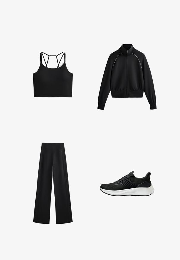 Čierna atletická zipsová bunda s vysokým golierom, rebrovanými manžetami a pásom. Obsahuje biele lemovanie pozdĺž ramien a hladký, textúrovaný materiál.; Čierny crop top s tenkými ramienkami a krížovým dizajnom na chrbte. Vyrobený z hladkej látky s priliehavým strihom. Žiadne vzory ani akcenty nie sú uvedené.; Široké čierne nohavice vyrobené z mäkkého materiálu, s vysokým pásom a dvoma zipsovými vreckami, so subtílnymi švami po stranách.; Čierna športová obuv s textúrovaným vrchným materiálom, viazaním a bielou medzipodrážkou. Vyznačuje sa nízkym profilom a zakriveným dizajnom podrážky.