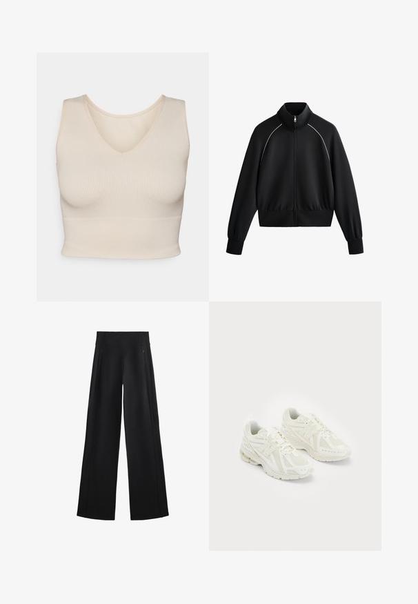 Giacca da uomo nera sportiva con zip e colletto alto, polsini e orlo a coste. Presenta una bordatura bianca sulle spalle e un tessuto liscio e strutturato.; Canotta a coste di un beige chiaro con scollatura a V, forma aderente, spalline larghe e orlo senza cuciture, realizzata in un tessuto morbido e elastico.; Pantaloni neri a gamba larga realizzati in un tessuto morbido, dotati di una vita alta e due tasche con zip, con cuciture sottili lungo i lati.; Scarpe sportive bianche realizzate in materiali sintetici e in rete, con lacci, colletto imbottito e suola testurizzata per migliorare la grip. Costruzione leggera.