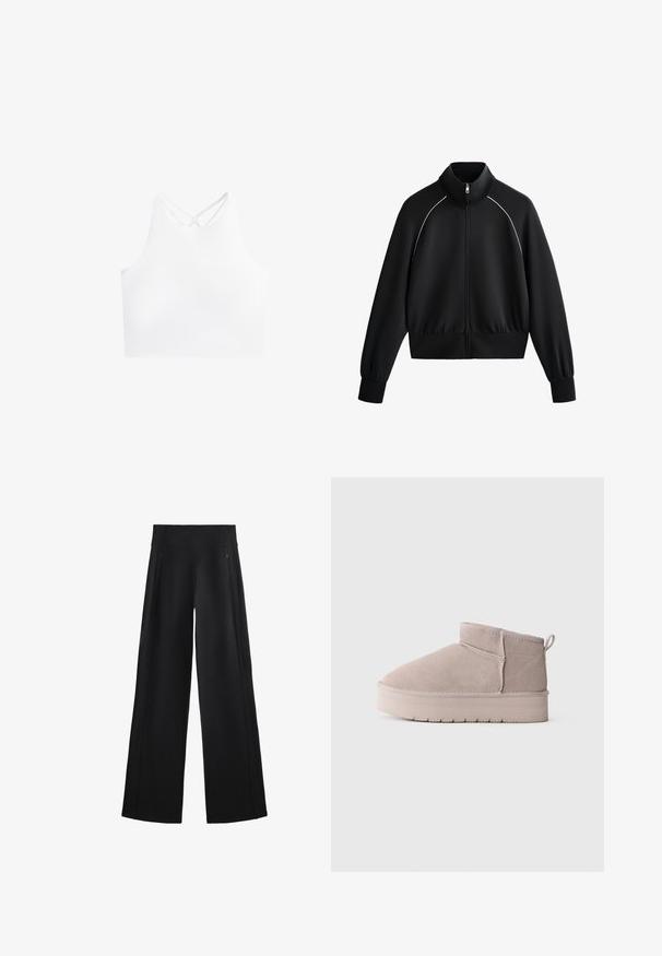 Schwarze sportliche Zip-up-Jacke mit hohem Kragen, gerippten Bündchen und Taillenbund. Mit weißen Paspeln entlang der Schultern und einem glatten, strukturierten Stoff.; Weißes sportliches Crop-Top mit hohem Kragen und doppelten, überkreuzten Trägern auf dem Rücken, das einen glatten, dehnbaren Stoff hat.; Schwarze, weit geschnittene Hose aus einem weichen Stoff, mit einem hohen Bund und zwei mit Reißverschluss versehenen Taschen, sowie dezenten Nähten entlang der Seiten.; Beige Wildleder-Winterstiefel mit niedrigem Schaft, dicker Sohle und praktischem Ziehschlauf auf schlichtem weißen Hintergrund, im Seitenprofil dargestellt.