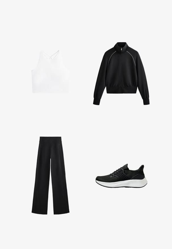 Musta urheilullinen vetoketjullinen takki, jossa on korkea kaulus, resorit hihansuissa ja vyötäröllä. Takissa on valkoista kantta hartioiden kohdalla ja sileä, teksturoitu kangas.; Valkoinen urheilullinen lyhyt toppi korkealla kauluksella ja kaksinkertaisilla ristikkäisillä hihnoilla selässä, jossa on sileä ja joustava kangastekstuuri.; Mustat, leveälahkeiset housut, jotka on valmistettu pehmeästä kankaasta. Niissä on korkea vyötärö ja kaksi vetoketjullista taskua, sekä huomaamattomat saumat sivuilla.; Mustat urheilukengät, joissa on karhea kangaspinta, nauhakiinnitys ja valkoinen välipohja. Ominaisuuksia ovat matala profiili ja kaareva pohjamuotoilu.