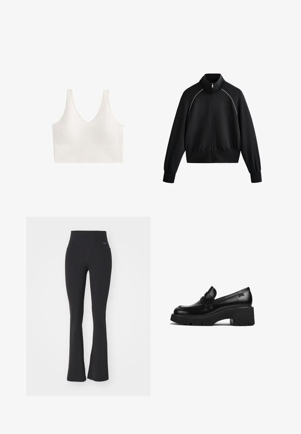 Zwarte sportieve zip-up jack met hoge kraag, geribde manchetten en tailleband. Heeft witte piping langs de schouders en een gladde, textuurstof.; Witte draadloze bralette met een V-hals en een gestructureerd patroon. Het ontwerp heeft brede banden en een naadloze constructie.; Zwarte yogabroek met een hoge tailleband, gemaakt van rekbare stof. Heeft een flared ontwerp en een klein Nike-logo op de taille.; Zwarte leren loafers met chunky hak en dikke zool, met een banddetail over de bovenkant, zijaanzicht op een witte achtergrond.