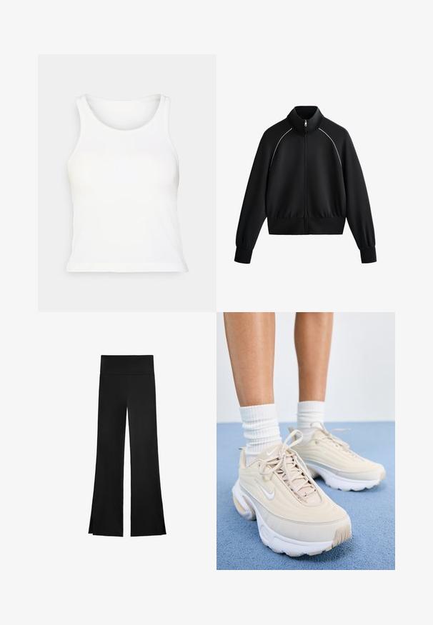 Schwarze sportliche Zip-up-Jacke mit hohem Kragen, gerippten Bündchen und Taillenbund. Mit weißen Paspeln entlang der Schultern und einem glatten, strukturierten Stoff.; Weißes, geripptes Tanktop mit rundem Halsausschnitt und ärmellosem Design. Weiche Textur, figurbetonte Form und gerade Säume. Keine Muster oder Akzente.; Schwarze Hose mit weitem Bein, ausgestattet mit einem hohen Bund und seitlichen Schlitzen für zusätzliche Bewegungsfreiheit. Hergestellt aus einem glatten, elastischen Stoff.; Beige Sportschuhe mit einem strukturierten Obermaterial, weißen Schnürsenkeln und einer dicken weißen Sohle. Das Design verfügt über dezente Kurven und ein kleines Logo.