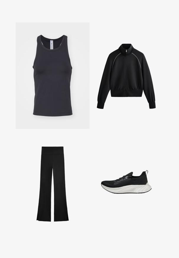 Giacca da uomo nera sportiva con zip e colletto alto, polsini e orlo a coste. Presenta una bordatura bianca sulle spalle e un tessuto liscio e strutturato.; Top nero senza maniche realizzato in tessuto morbido ed elasticizzato. Presenta un collo arrotondato e spalline larghe, progettato per una vestibilità aderente.; Pantaloni neri con una linea a gamba larga, dotati di una vita alta e fessure laterali per facilitare il movimento. Realizzati in un tessuto morbido ed elasticizzato.; Scarpe sportive nere con tomaia testurizzata, suola bianca ammortizzata e branding discreto. Presentano un'utilità per il tallone e chiusura con lacci.