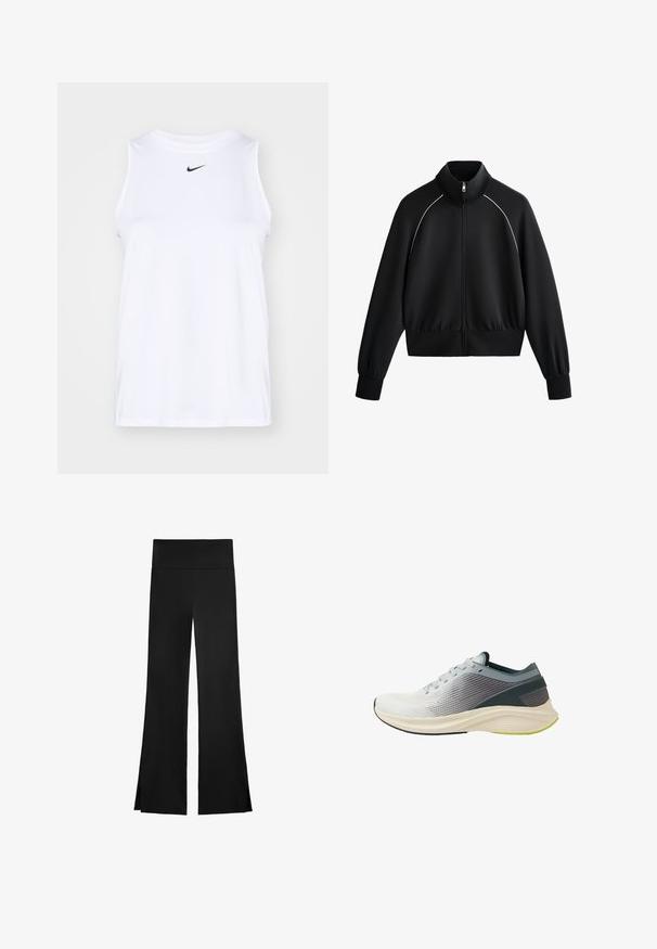 Črna športna jakna na zadrgo z visokim ovratnikom, rebrastimi manšetami in pasom. Ima belo obrobo ob ramenih in gladko, teksturirano tkanino.; Bela brezrokavna atletska majica iz gladkega materiala, s črnim Nike logotipom na prsih in stranskimi razpoki za lažje gibanje.; Črne hlače širokega kroja, z visokim pasom in stranskimi režami za lažje gibanje. Narejene iz gladkega, elastičnega materiala.; Lahka tekaška obutev z teksturiranim sivo-belih mrežnim zgornjim delom, fleksibilnim podplatom in limetno zelenim akcentom na podplatu.