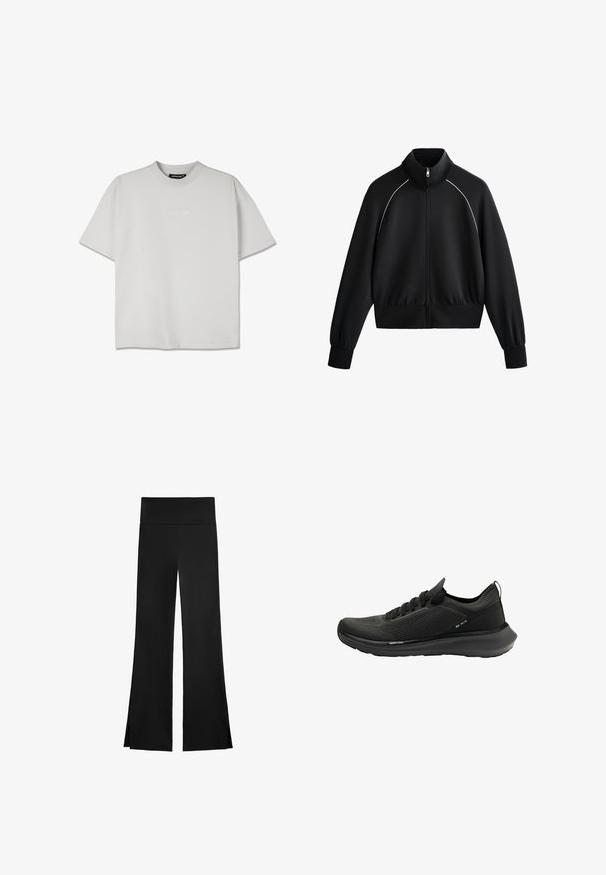 Fekete sportos zipzáros dzseki magas gallérral, bordázott mandzsettákkal és derékrésszel. Fehér díszítéssel ellátott vállrészekkel és sima, texturált anyaggal rendelkezik.; Rövid ujjú, világosszürke pamut keverék póló kerek nyakkal. Elülső oldalán egy diszkrét, dombornyomott logó található. Laza fazon.; Fekete nadrág, széles szárakkal, magas derékkal és oldalsó hasítékokkal a könnyű mozgás érdekében. Simító, rugalmas anyagból készült.; Fekete sportcipő, mely texturált hálós felsőrésszel, ívelt talppal és letisztult dizájnnal rendelkezik, fűzőzáródással és diszkrét márkajelzéssel.