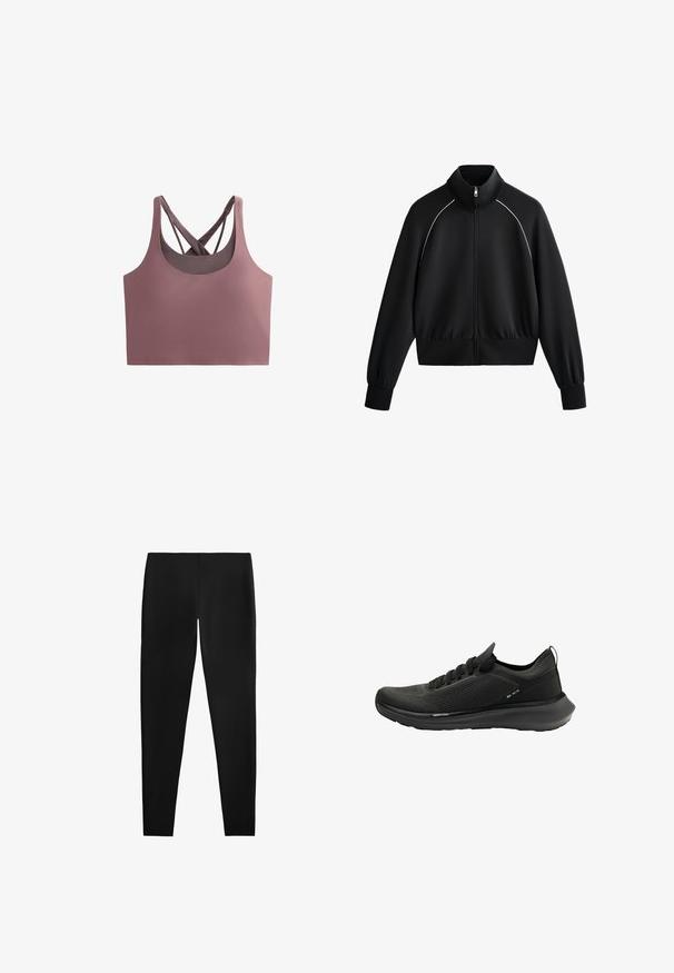 Jachetă sport neagră cu fermoar și guler înalt, cu manșete și talie ribbed. Prezintă detalii albe pe umeri și un material neted, texturat.; Top de sutien în nuanța roz prăfuit, cu un design ajustat, realizat dintr-un material moale. Are un guler rotund și bretele încrucișate pentru susținere și stil.; Colanți negri dintr-un material neted și elastic. Designul prezintă o formă ajustată fără cusături sau modele vizibile, oferind un aspect elegant.; Pantof sportiv negru, cu partea superioară din plasă texturată, talpă curbată și design minimalist, prevăzut cu închidere cu șiret și branding subtil.