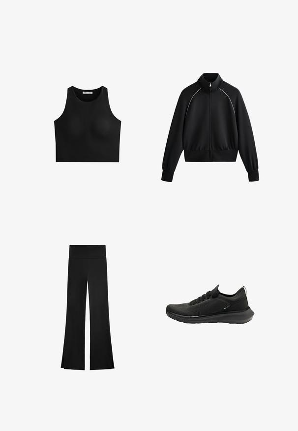 Čierna atletická zipsová bunda s vysokým golierom, rebrovanými manžetami a pásom. Obsahuje biele lemovanie pozdĺž ramien a hladký, textúrovaný materiál.; Čierny crop top s vysokým golierom, bez rukávov a hladkým, elastickým materiálom. Žiadne viditeľné švy ani vzory. Jednoduchý a minimalistický štýl.; Čierne nohavice so širokým strihom, s vysokým pásom a bočnými rozparkami pre ľahký pohyb. Vyrobené z hladkého, elastického materiálu.; Čierna športová obuv s textúrovaným sieťovaným zvrškom, zahnutou podrážkou a minimalistickým dizajnom s viazaním na šnúrky a jemným označením značky.