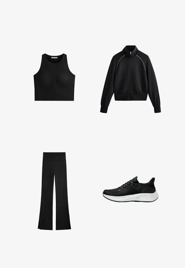 Jachetă sport neagră cu fermoar și guler înalt, cu manșete și talie ribbed. Prezintă detalii albe pe umeri și un material neted, texturat.; Top cropped negru cu un guler înalt, design fără mâneci și material neted, elastic. Fără cusături sau modele vizibile. Stil simplu și minimalist.; Pantaloni negri cu un design evazat, având un talie înaltă și slits laterale pentru o mișcare ușoară. Fabricat dintr-un material neted și elastic.; Pantof cu aspect sportiv de culoare neagră, cu ușă din material texturat, sistem de șirete și o talpă intermediară albă. Include un profil jos și un design al tălpii curbat.