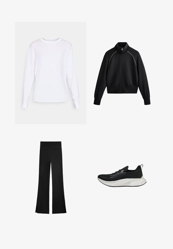 Jachetă sport neagră cu fermoar și guler înalt, cu manșete și talie ribbed. Prezintă detalii albe pe umeri și un material neted, texturat.; Tricou alb cu mânecă lungă din bumbac, cu guler rotund, fante laterale și mansete ribbate. Textură netedă cu o croială regulară.; Pantaloni negri cu un design evazat, având un talie înaltă și slits laterale pentru o mișcare ușoară. Fabricat dintr-un material neted și elastic.; Pantofii sport negri au un superior texturat, o talpă albă căptușită și branding subtil. Dispun de un tab de tragere și închidere cu șiret.