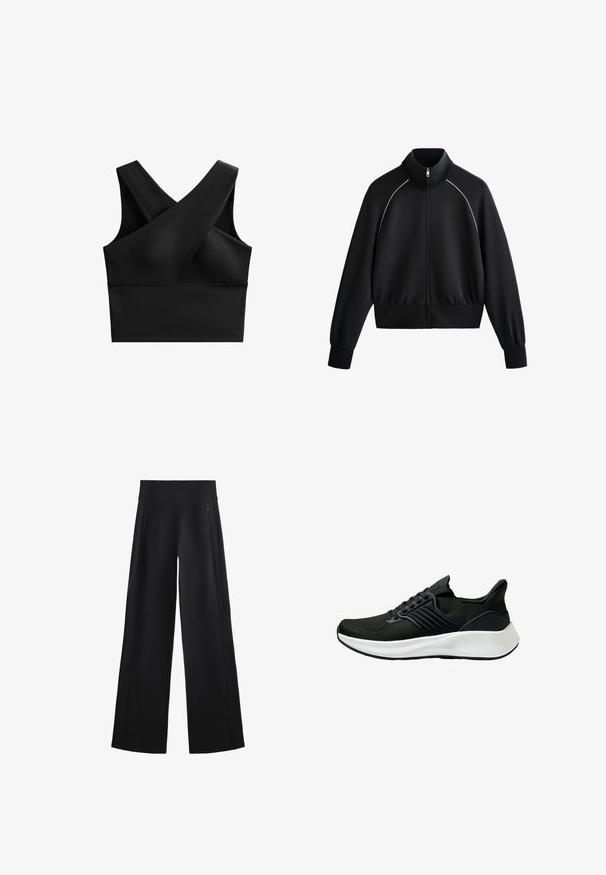 Schwarze sportliche Zip-up-Jacke mit hohem Kragen, gerippten Bündchen und Taillenbund. Mit weißen Paspeln entlang der Schultern und einem glatten, strukturierten Stoff.; Schwarzer Sport-BH mit einem Überkreuzdesign an der Vorderseite, breiten Trägern, glatter Textur und taillierter Silhouette.; Schwarze, weit geschnittene Hose aus einem weichen Stoff, mit einem hohen Bund und zwei mit Reißverschluss versehenen Taschen, sowie dezenten Nähten entlang der Seiten.; Schwarzer Sportschuh mit Obermaterial aus strukturiertem Stoff, Schnürsystem und weißer Zwischensohle. Besitzt ein niedriges Profil und ein gekrümmtes Sohlen-Design.
