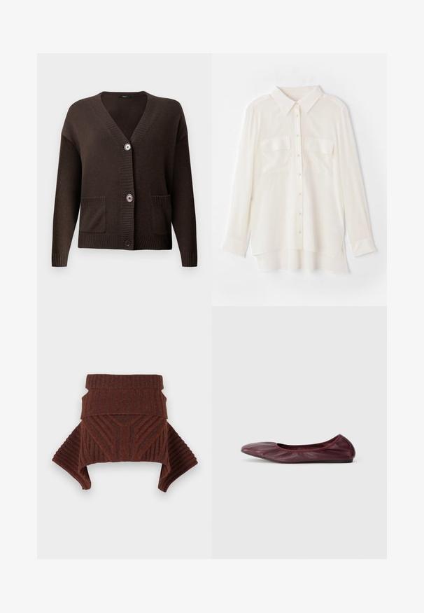 Brūns adīts kardigans ar V-veida izgriezumu, ribotiem aprocēm, divām priekšējām kabatām un lielām pogām aizdarei. Mīksta tekstūra nodrošina komfortu.; Balts pogcaurais krekls, kas izgatavots no viegla auduma. Iespējas klasiskā apkakle, divas krūšu kabatas un nedaudz garāka aizmugurējā mala.; Brūns adīts džemperis ar ribotu tekstūru, strukturētām plecu daļām un augstu apkakli. Dizainā ir iekļauti ģeometriski raksti un plūstoši piedurknes.; Sieviešu baleta kurpes dziļā burgundijas ādas krāsā, ar noapaļotu purngali, elastīgu maliņu un gludu tekstūru ar smalkiem krokām.