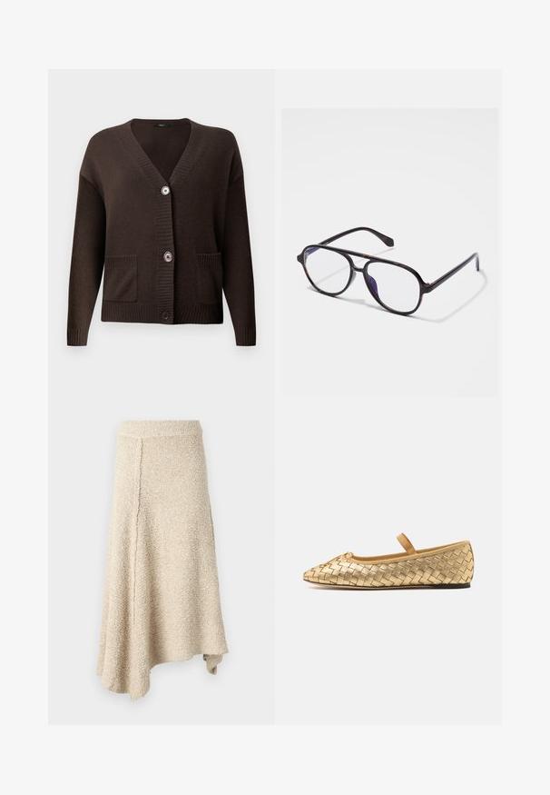 Ruskea neulottu neuletakki, jossa on V-pääntie, resorit hihansuissa, kaksi etutaskua ja isot napit kiinnitystä varten. Pehmeä koostumus tarjoaa mukavuutta.; Valkoinen napillinen paita, joka on valmistettu kevyestä kankaasta. Ominaisuuksiin kuuluu klassinen kaulus, kaksi rintataskua ja hieman pidempi takahame.; Kreemivärvi tekstuuriga seelik, millel on laienev äär, kõrge talje ja asümmeetriline lõige, valmistatud pehmest kudumist.; Loeffler Randall LEONIE SOFT BALLET FLAT - Ballerinat nilkkaremmillä - gold; Pyöreät, tummat kilpikonnakuosiset lasit, joissa on kirkkaat linssit. Ominaisuudet ohuet muovireunukset ja hienovarainen sarana-yksityiskohta temppeleissä.