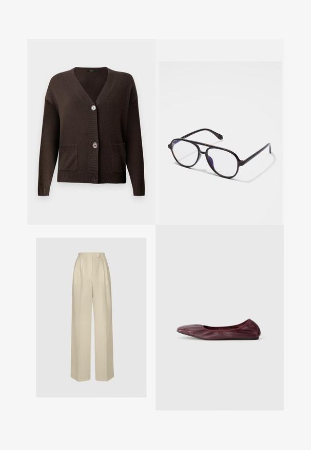 Cardigan marron tricoté avec un col en V, des poignets côtelés, deux poches avant et de gros boutons pour la fermeture. Texture douce offrant du confort.; Chemise blanche à boutons en tissu léger. Présente un col classique, deux poches poitrine et un ourlet arrière légèrement plus long.; ANDIATA GYTTA - Pantalon classique - champagne; Ballerines en cuir bordeaux profond, avec un bout arrondi, un bord élastiqué et une texture lisse agrémentée de subtils plis.; Lunettes rondes en écaille sombre avec verres transparents. Cadre en plastique fin avec un détail de charnière subtil sur les tempes.