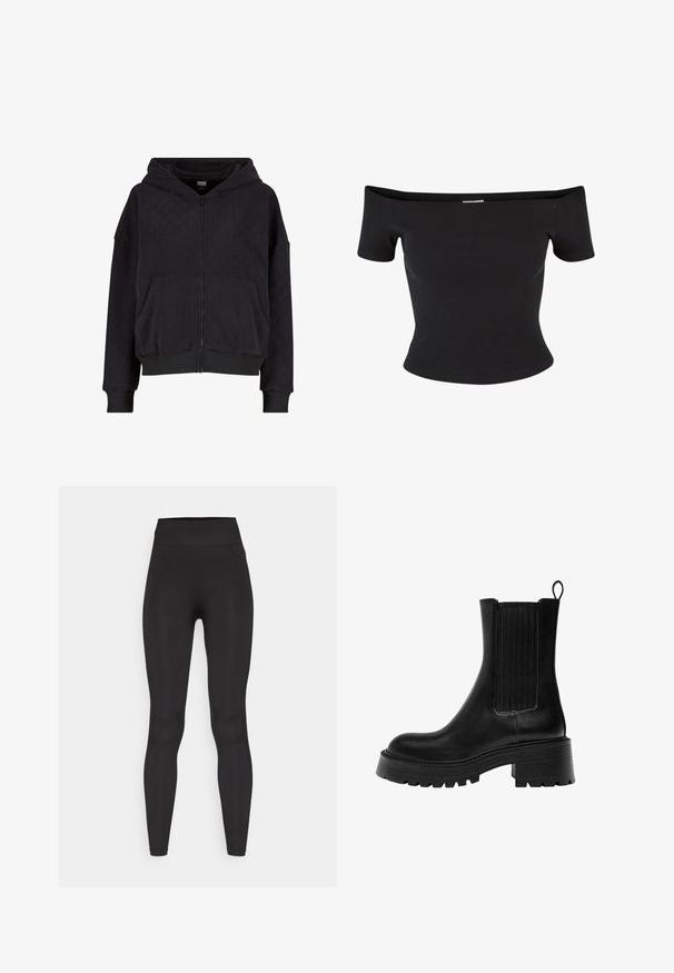 Črna zip-up kapuca z teksturiranim vzorcem, dvema sprednjima žepoma ter rebrastimi manšetami in robom. Ponuja kapuco s vrvico in ohlapen kroj.; Črno top s spuščenimi rameni iz rebraste tkanine, z kratkimi rokavi in prilegajočim krojem, z gladko teksturo in čistimi linijami.; Visoke črne legice iz raztegljive tkanine, z gladko teksturo in prilegajočim dizajnom za udoben, izpopolnjen fit.; Črne usnjene gležnarje z debelim podplatom, teksturiranimi stranskimi paneli in zanka za lažje obuvanje. Imajo gladko površino in zaobljen nos.