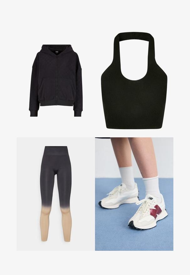 Juodas zip-up džemperis su tekstūru, dviem priekinėmis kišenėmis, ir gumbiniu rankogalviu bei apačia. Yra su raišteliu reguliuojama kapuce ir laisvu siluetu.; Juodas raukšlėtas halter tipo trumpas topas su apvaliu iškirpimu ir storomis petnešomis, pasižymintis tekstūruotos mezginio medžiagos savybėmis, suteikiančiomis papildomą tempimą ir komfortą.; Juodos ir smėlio spalvos ombre tamprai su aukštu juosmeniu. Pagamintos iš elastingos medžiagos, pasižyminčios lygiu paviršiumi ir prigludusia forma.; Balti sportbačiai su bordo akcentais, tekstūriniais paviršiais, plokščiomis juodomis pado dalimis ir šviesiomis raišteliais, dėvimi su baltais kulkšnų ponoškais.