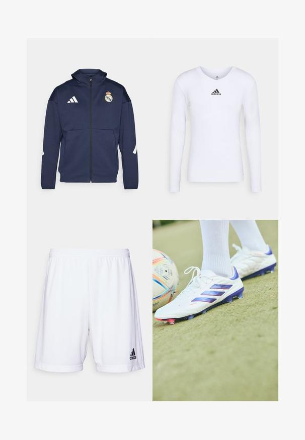 Mornarska jakna sa zatvaračem i kapuljačom, s bijelim Adidas logom i grbom Real Madrida. Izrađena od glatkog materijala s bočnim džepovima.; Dugih rukava bijela atletska majica od glatkog materijala s crnim Adidas logom na prsima; dizajn s V-izrezom i uskim krojem.; Bijele sportske kratke hlače s elastičnom pogodnom trakom, izrađene od glatkog materijala. Imaju crni Adidas logo na donjoj lijevoj strani.; adidas Performance COPA PURE 2.0 ELITE FIRM GROUND - Nogometne kopačke za čvrstu podlogu - footwear white/lucid blue/solar red