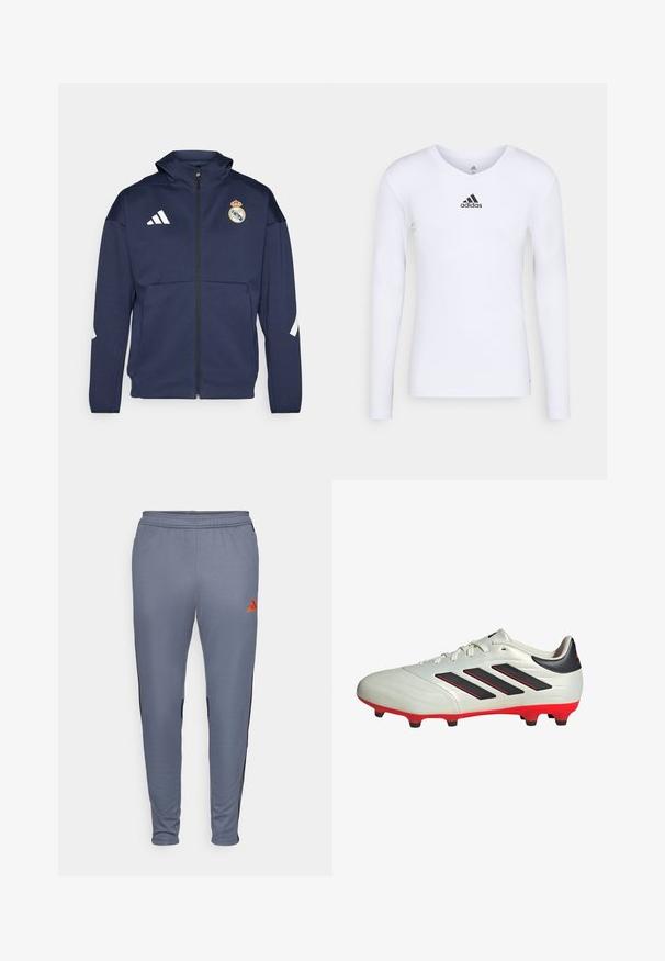 Marineblaues Zip-Up-Jackett mit Kapuze, mit weißem Adidas-Logo und Real Madrid-Wappen. Hergestellt aus glattem Stoff mit Seitentaschen.; Langärmliges weißes Sportshirt aus glattem Material mit einem schwarzen Adidas-Logo auf der Brust; V-Ausschnitt-Design und figurbetonte Form.; Graue Sporthosen mit schmalem Schnitt, die schwarze Seiteneinsätze und ein oranges Adidas-Logo am oberen rechten Bein haben. Weiches, dehnbare Material.; Weißer Fußballschuh mit schwarzen Akzenten und roter Sohle. Verfügt über drei schwarze Streifen an der Seite und ein glattes Obermaterial.