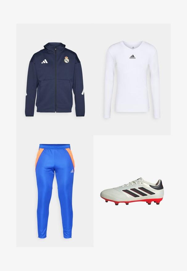 Veste zippée navy avec capuche, présentant le logo Adidas blanc et le blason du Real Madrid. Fabriquée en tissu lisse avec des poches latérales.; T-shirt de sport à manches longues, blanc, en matériau lisse, avec un logo Adidas noir sur la poitrine ; design en V et coupe ajustée.; Pantalons de sport bleus avec des accents latéraux orange, fabriqués en matériau lisse et extensible. Dotés d'une taille élastique et d'un petit logo.; Crampon de football blanc avec des accents noirs et une semelle rouge. Présente trois bandes noires sur le côté et un upper lisse et texturé.