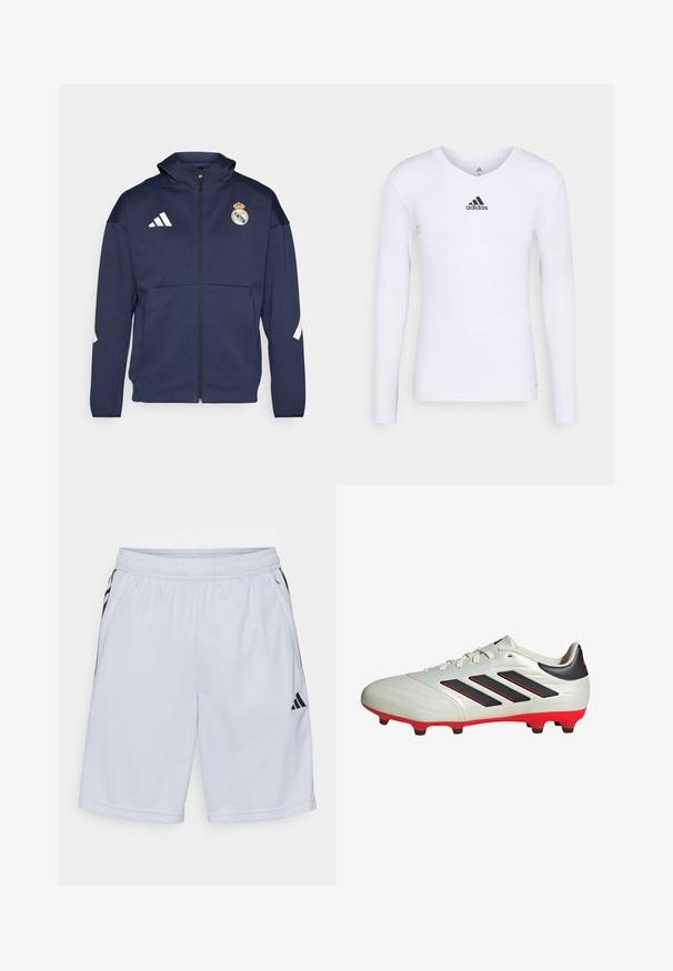 Chaqueta navy con cremallera y capucha, presenta el logo blanco de Adidas y el escudo del Real Madrid. Fabricada en tejido suave con bolsillos laterales.; Camiseta deportiva de manga larga blanca, fabricada con material suave, que presenta un logo negro de Adidas en el pecho; diseño de cuello en V y forma ajustada.; adidas Performance Pantalón corto de deporte - halo silver-coloured/black; Botas de fútbol blancas con acentos negros y suela roja. Presentan tres rayas negras en el lateral y una parte superior de textura suave.