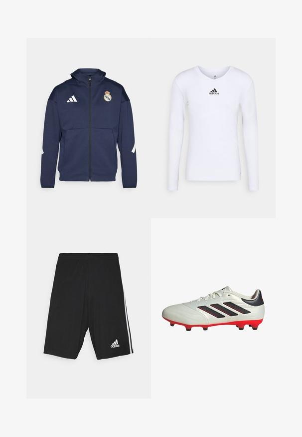 Giacca zip-up blu navy con cappuccio, presenta il logo bianco Adidas e lo stemma del Real Madrid. Realizzata in tessuto liscio con tasche laterali.; Maglietta atletica bianca a maniche lunghe realizzata in materiale morbido con logo Adidas nero sul petto; design a V e forma aderente.; Shorts sportivi neri con una texture liscia, caratterizzati da strisce laterali bianche e un logo bianco nella parte inferiore destra. Vita regolabile.; Scarpa da calcio bianca con accenti neri e suola rossa. Presenta tre strisce nere sul lato e una tomaia liscia e testurizzata.