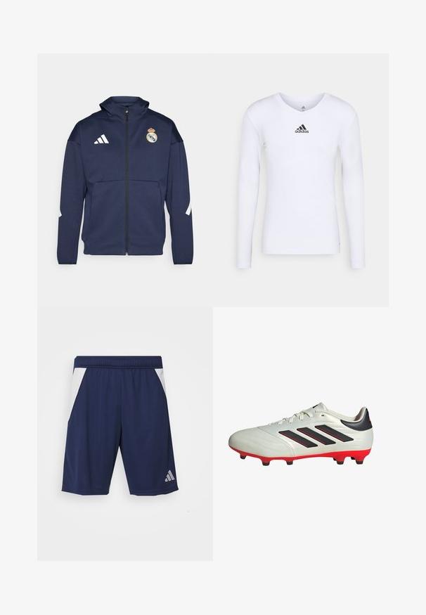 Chaqueta navy con cremallera y capucha, presenta el logo blanco de Adidas y el escudo del Real Madrid. Fabricada en tejido suave con bolsillos laterales.; Camiseta deportiva de manga larga blanca, fabricada con material suave, que presenta un logo negro de Adidas en el pecho; diseño de cuello en V y forma ajustada.; Pantalones cortos deportivos en color azul marino hechos de una tela suave. Cuentan con acentos laterales blancos y una cintura elástica. Incluyen un logo plateado en la pierna izquierda.; Botas de fútbol blancas con acentos negros y suela roja. Presentan tres rayas negras en el lateral y una parte superior de textura suave.