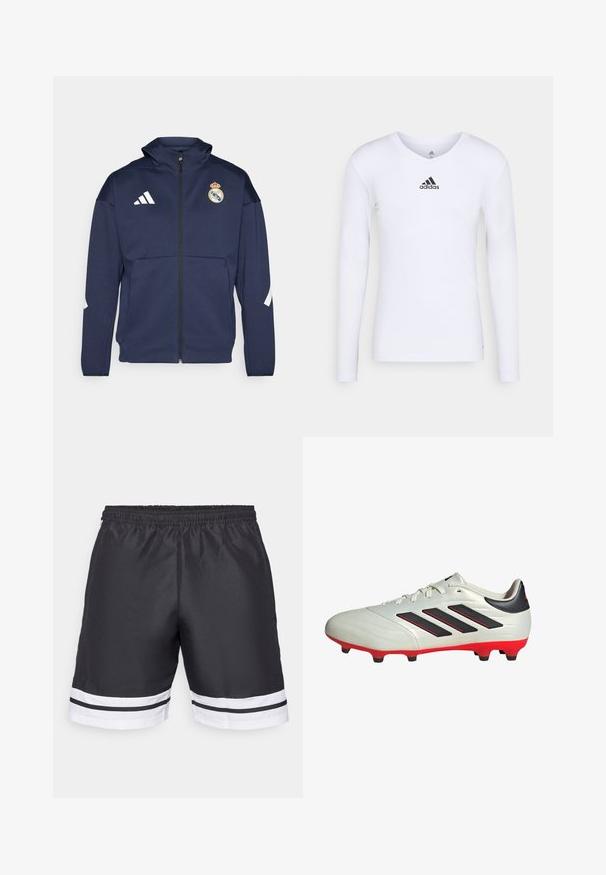 Chaqueta navy con cremallera y capucha, presenta el logo blanco de Adidas y el escudo del Real Madrid. Fabricada en tejido suave con bolsillos laterales.; Camiseta deportiva de manga larga blanca, fabricada con material suave, que presenta un logo negro de Adidas en el pecho; diseño de cuello en V y forma ajustada.; Shorts deportivos negros con una cinturilla elástica, que presentan rayas horizontales blancas en el dobladillo y una textura suave.; Botas de fútbol blancas con acentos negros y suela roja. Presentan tres rayas negras en el lateral y una parte superior de textura suave.