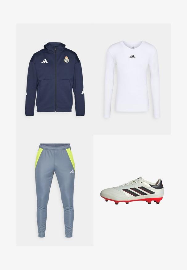 Navy zip-up jacket with a hood, features white Adidas logo and Real Madrid crest. Made of smooth fabric with side pockets.; Long-sleeve white athletic shirt made of smooth material featuring a black Adidas logo at the chest; V-neck design and fitted shape.; Gray athletic pants with neon yellow side panels, elastic waistband, tapered leg design, and a reflective logo on the front.; White soccer cleat with black accents and red sole. Features three black stripes on the side and a smooth textured upper.