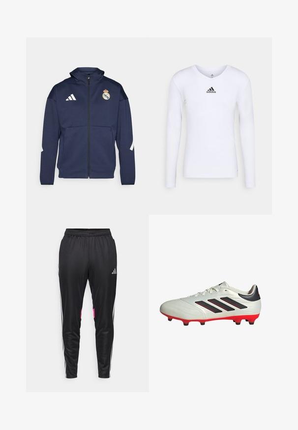 Marineblaues Zip-Up-Jackett mit Kapuze, mit weißem Adidas-Logo und Real Madrid-Wappen. Hergestellt aus glattem Stoff mit Seitentaschen.; Langärmliges weißes Sportshirt aus glattem Material mit einem schwarzen Adidas-Logo auf der Brust; V-Ausschnitt-Design und figurbetonte Form.; Schwarze Sporthosen aus glattem Polyester, mit weißen Seitestreifen, rosa Akzenten an den Taschen und einem elastischen Bund.; Weißer Fußballschuh mit schwarzen Akzenten und roter Sohle. Verfügt über drei schwarze Streifen an der Seite und ein glattes Obermaterial.