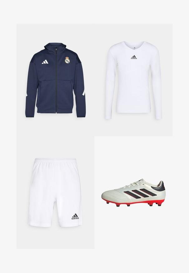 Marineblaues Zip-Up-Jackett mit Kapuze, mit weißem Adidas-Logo und Real Madrid-Wappen. Hergestellt aus glattem Stoff mit Seitentaschen.; Langärmliges weißes Sportshirt aus glattem Material mit einem schwarzen Adidas-Logo auf der Brust; V-Ausschnitt-Design und figurbetonte Form.; Weiße Sportshorts aus leichtem Material, mit einem elastischen Bund und einem schwarzen Adidas-Logo am linken Bein.; Weißer Fußballschuh mit schwarzen Akzenten und roter Sohle. Verfügt über drei schwarze Streifen an der Seite und ein glattes Obermaterial.