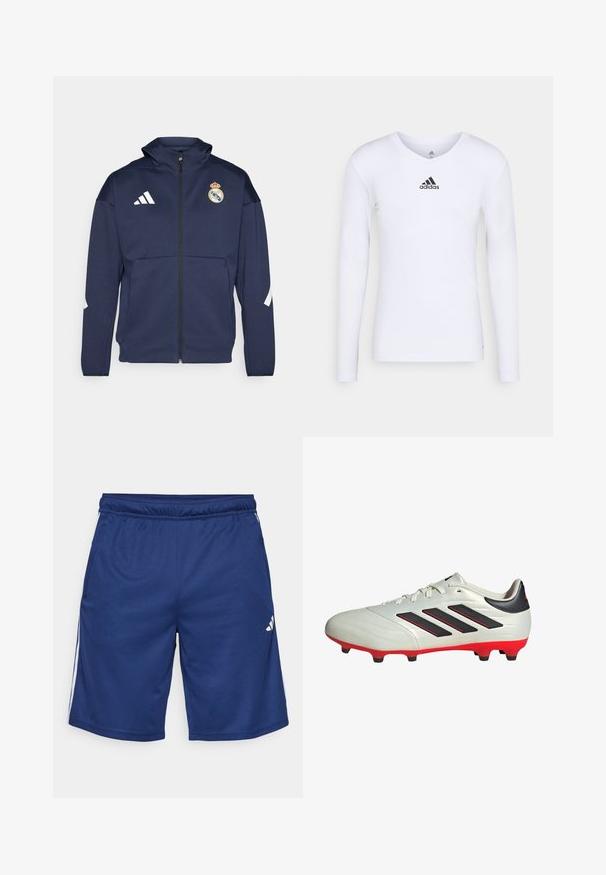 Chaqueta navy con cremallera y capucha, presenta el logo blanco de Adidas y el escudo del Real Madrid. Fabricada en tejido suave con bolsillos laterales.; Camiseta deportiva de manga larga blanca, fabricada con material suave, que presenta un logo negro de Adidas en el pecho; diseño de cuello en V y forma ajustada.; Pantalones cortos atléticos azules con cintura elástica, bolsillos laterales y rayas blancas en los costados. Hechos de una tela ligera y transpirable.; Botas de fútbol blancas con acentos negros y suela roja. Presentan tres rayas negras en el lateral y una parte superior de textura suave.