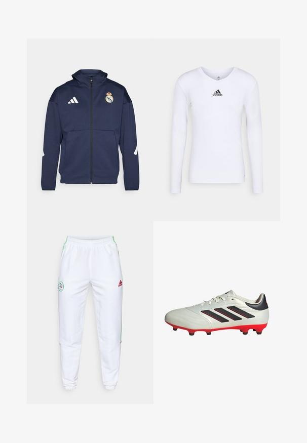 Marineblaues Zip-Up-Jackett mit Kapuze, mit weißem Adidas-Logo und Real Madrid-Wappen. Hergestellt aus glattem Stoff mit Seitentaschen.; Langärmliges weißes Sportshirt aus glattem Material mit einem schwarzen Adidas-Logo auf der Brust; V-Ausschnitt-Design und figurbetonte Form.; Weiße Sporthose mit elastischem Bund, grünen Seitstreifen und rotem Adidas-Logo. Verfügt über ein rundes gesticktes Patch am Oberschenkel.; Weißer Fußballschuh mit schwarzen Akzenten und roter Sohle. Verfügt über drei schwarze Streifen an der Seite und ein glattes Obermaterial.